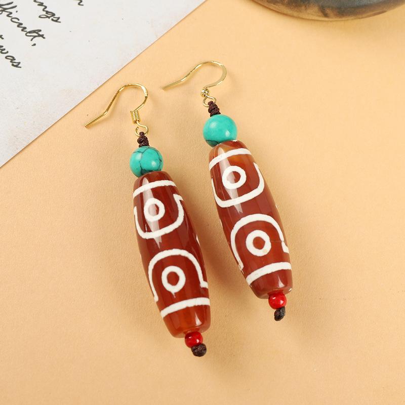 

Xizang nine-eye dzi bead agate earrings niche design retro ethnic style personalized Chinese earrings women s Tibetan earrings