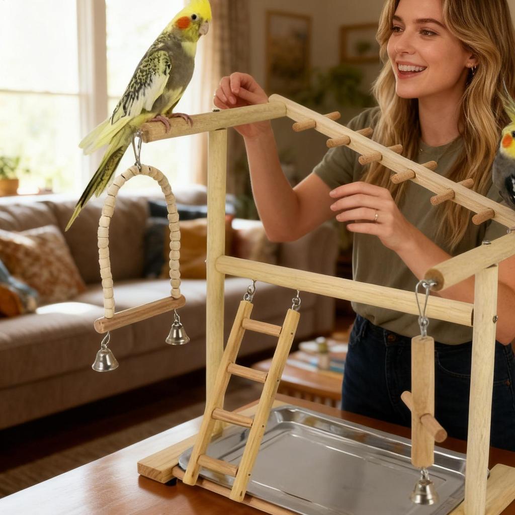 Bird Perch Stand Wooden Swings Ladders Toys With Removable Stainless Tray And Cup Parakeet Playground For Standing Chewing