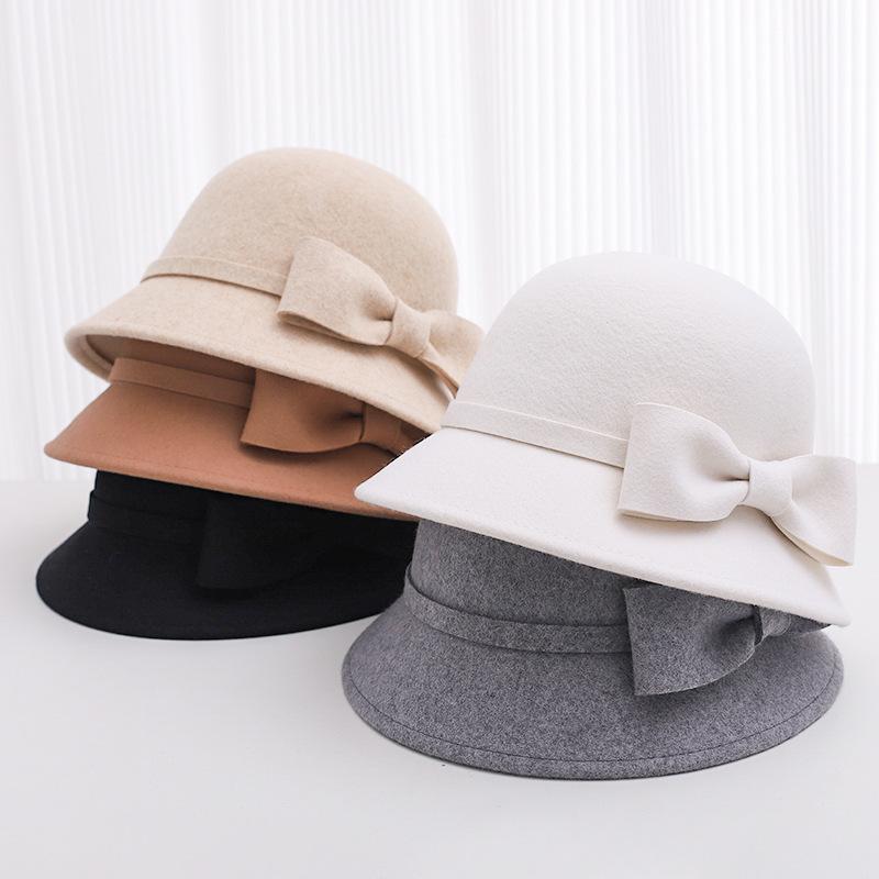 Autumn and winter hat women's bow wool basin hat dome retro british top hat outdoor bucket hat tide