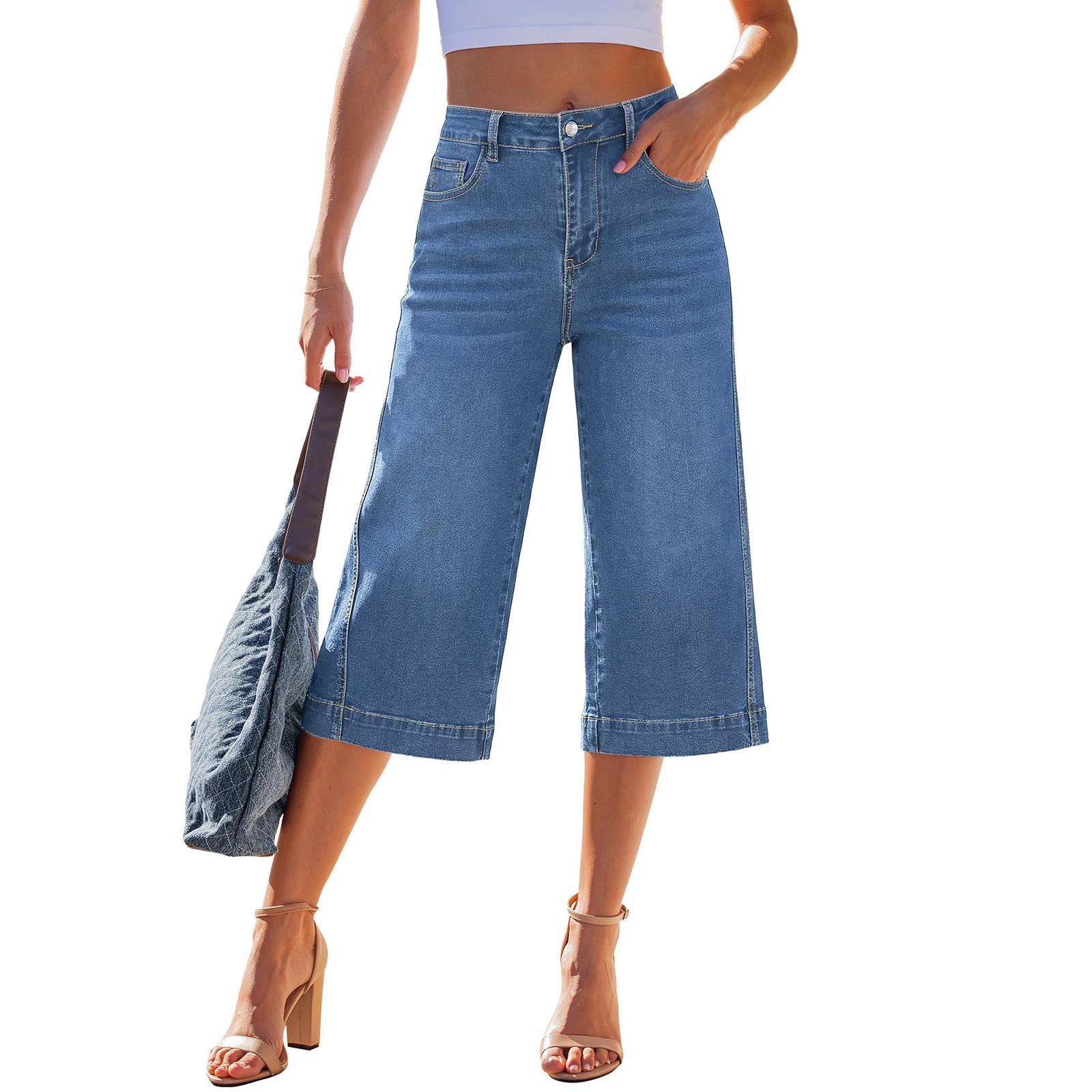 Ren Beauty Dames wijde denim culotte met hoge taille, cropped jeans, casual losse broek met klassiek vijfzakken ontwerp M blauw
