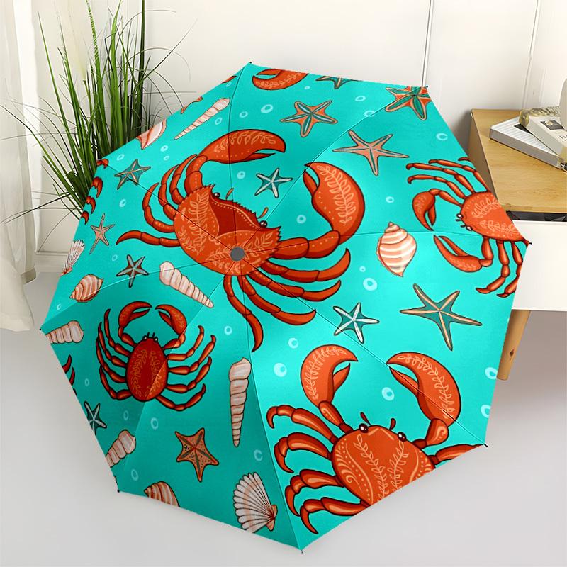 1pc Crab-patterned fabric Automatic Folding Umbrella, Portable & Foldable Design with 8 Ribs, Casual Outdoor Accessory yy250805154