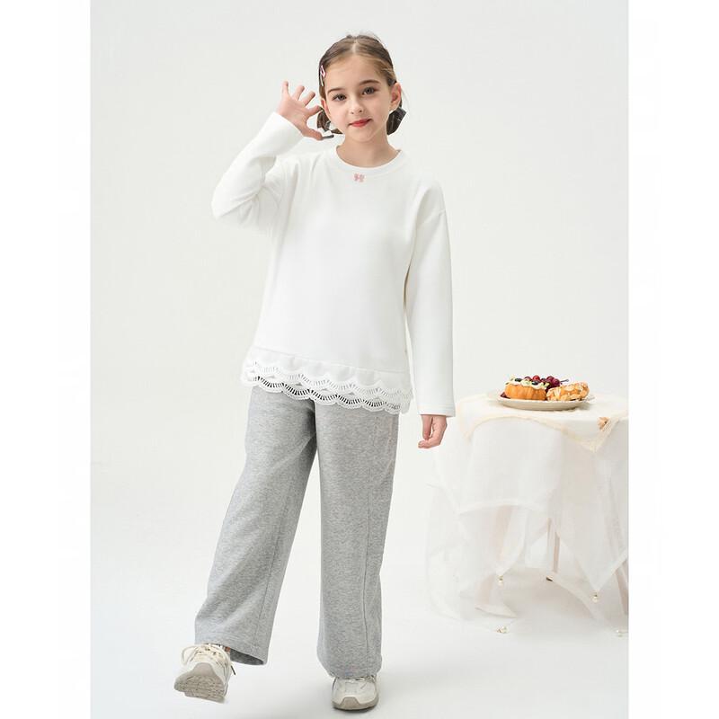 Girls  Mengt Jia Lace Trim Round Neck Long Sleeve T-Shirt 120