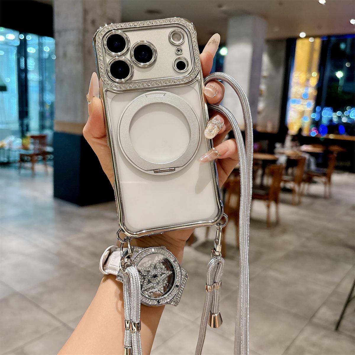 

Flash Diamond Lanyard Necklace Cord Rope Plating Magnetic Clear Bracket Case for IPhone 17 16 14 13 15 Pro Max for Magsafe Cover iPhone 15 Pro Max срібний