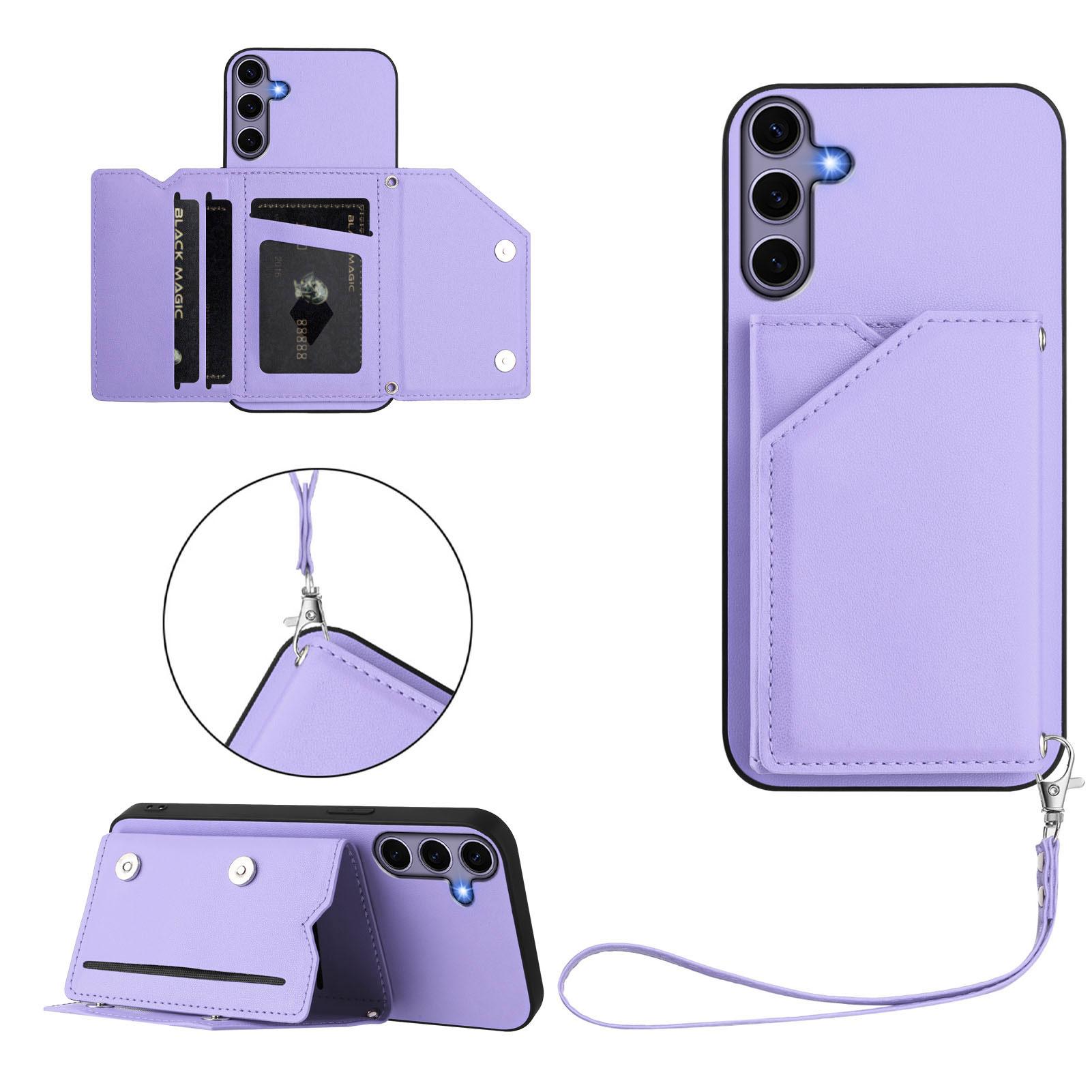 

Чехол для Samsung Galaxy S25 с держателем для карт, подставкой, покрытием с эффектом кожи и ремешком на запястье Light Purple