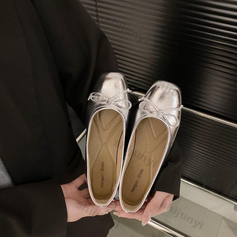 Women Bow Square Toe Soft Sole Single Shoes Comfort Slip On Soft Sole Flats Shoes Ladies Silver Round Toe Ballet Dress Loafers