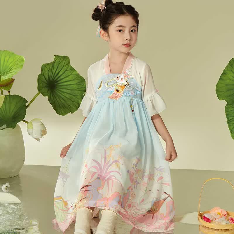 Girls Hanfu Short-Sleeve Dress - Jade Rabbit Cloud 150cm