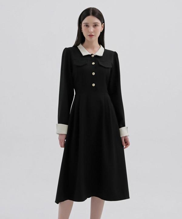 Seutoligadeun Gold Button Collar Flare Strap Dress