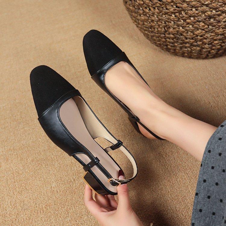 Large Size Color Matching Small Fragrant Wind Low Heel Sandals Women's Thick Heel Sticker Leather Rear Empty Flat Heel Sandals Retro Women's Shoes Lo