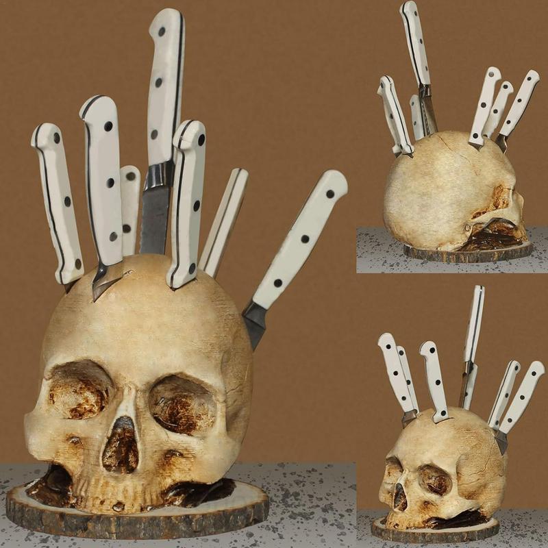 Skull Knife Holder Halloween Horror Kitchen Storage Head Rack Skeleton Knife and Fork Stand Desktop Ornaments Home Decoration