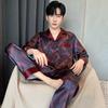Pajamas Men's Spring and Autumn Simulation Silk Long Sleeve Summer Ice Silk Cardigan Men's Simple Casual Lapel Homewear Set