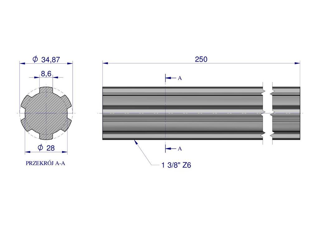 Wałek, Wom Frezowany Całościowo 250Mm Z6 - 1 3/8, Waryński