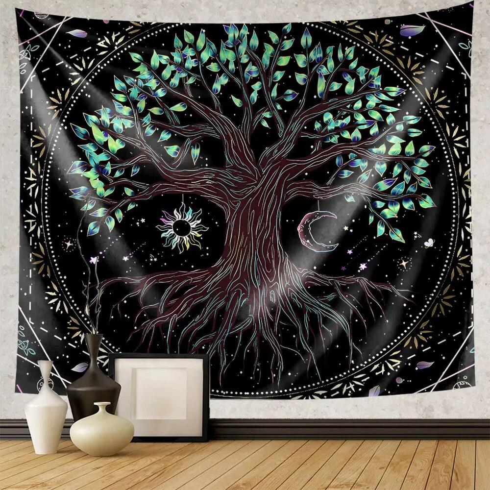 Green Tree of Life Tapestry Hippie Psychedelic Sun and Moon Wall Hanging Witchcraft Aesthetic Home Decoration Background