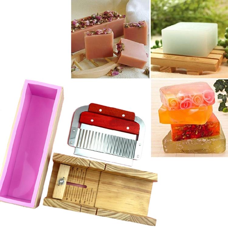 Scatola Stampo per Sapone in Legno e Set Tagliere per Sapone Stampo Rettangolare in Silicone con Scatola in Legno