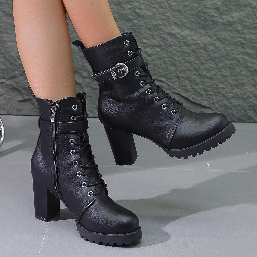 Autumn and winter new high-heeled short boots large size belt buckle European and American side zipper thick-heeled boots Martin boots