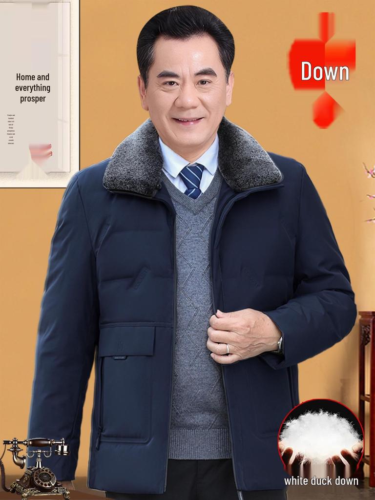 Men's Thickened Lapel Collar Down Jacket with Fleece Lining - Winter Short Style for Middle-Aged and Elderly