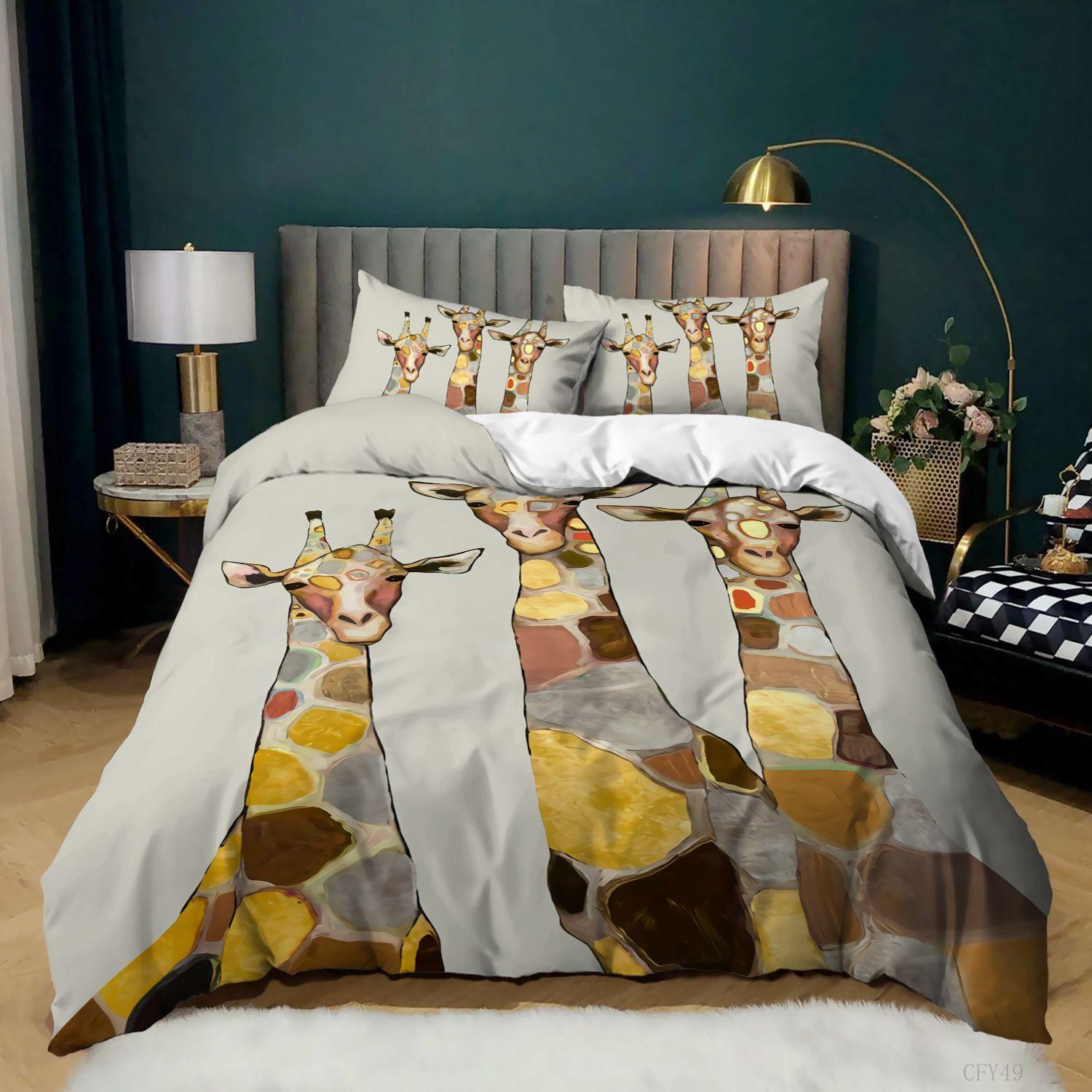 Giraffe Duvet Cover Set Full Size Animal Theme Comforter Cover Giraffe Pattern for Kids Teens Boys Polyester Giraffe Quilt Cover Tool EU single(135x200cm)
