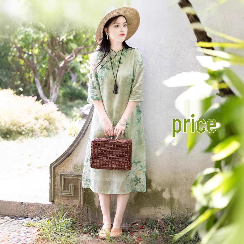 

Летнее ретро платье 2025 года из хлопка и льна с цветочным принтом и китайской застежкой-лягушкой Extra Large зелёный