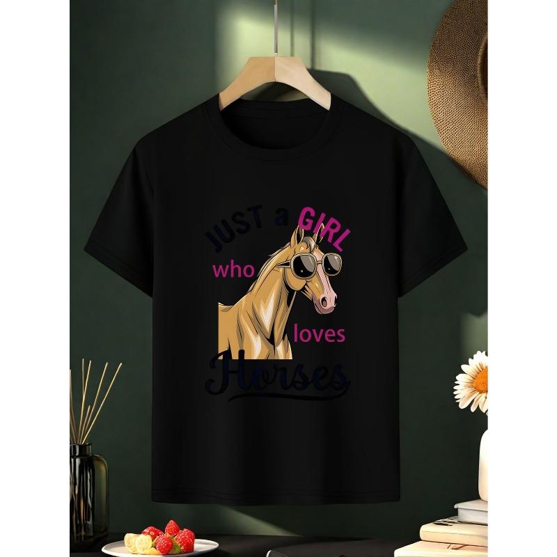 European sizes Cool And Stylish T-Shirt Featuring a Horse Wearing Glasses, Print with The Phrase 'JUST a GIRL Who Loves Horses'.