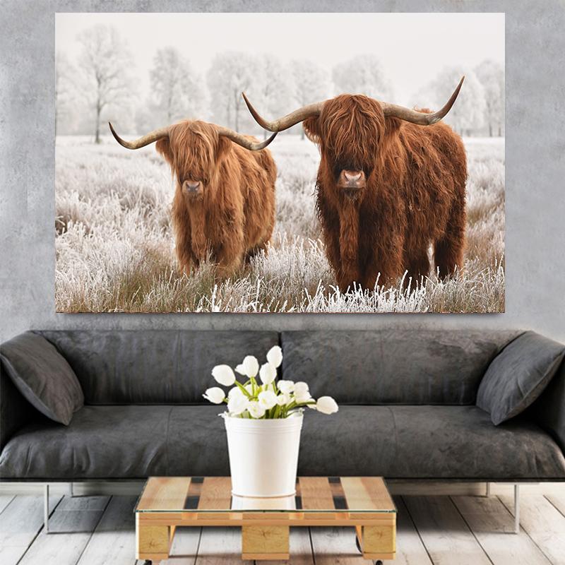 Amazing Portrait of Scottish Highland Cow Wall Pictures Canvas Painting Animal Posters Prints Living Room Home Decor