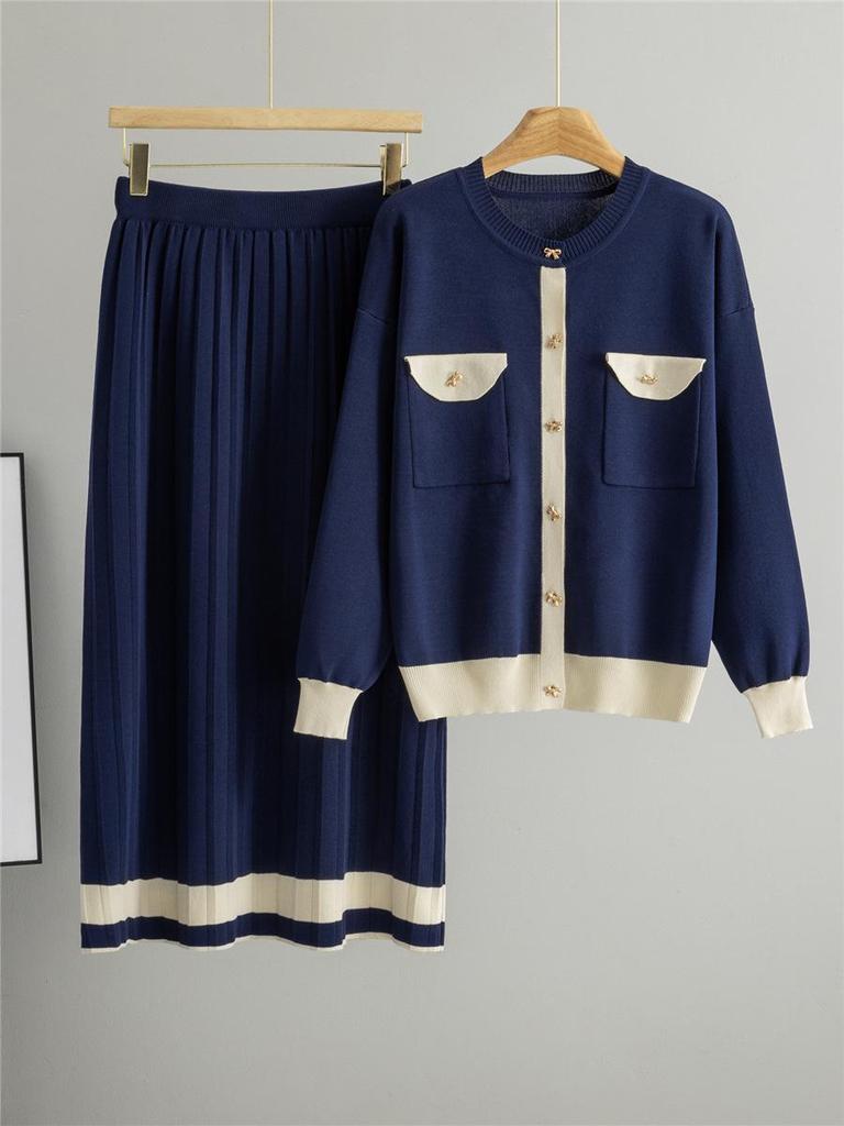 2026 Spring Women's Pleated Skirt & Round Neck Cardigan Set