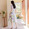 French style fresh and elegant style, purple imitation satin, niche print A-line skirt, slimming half skirt