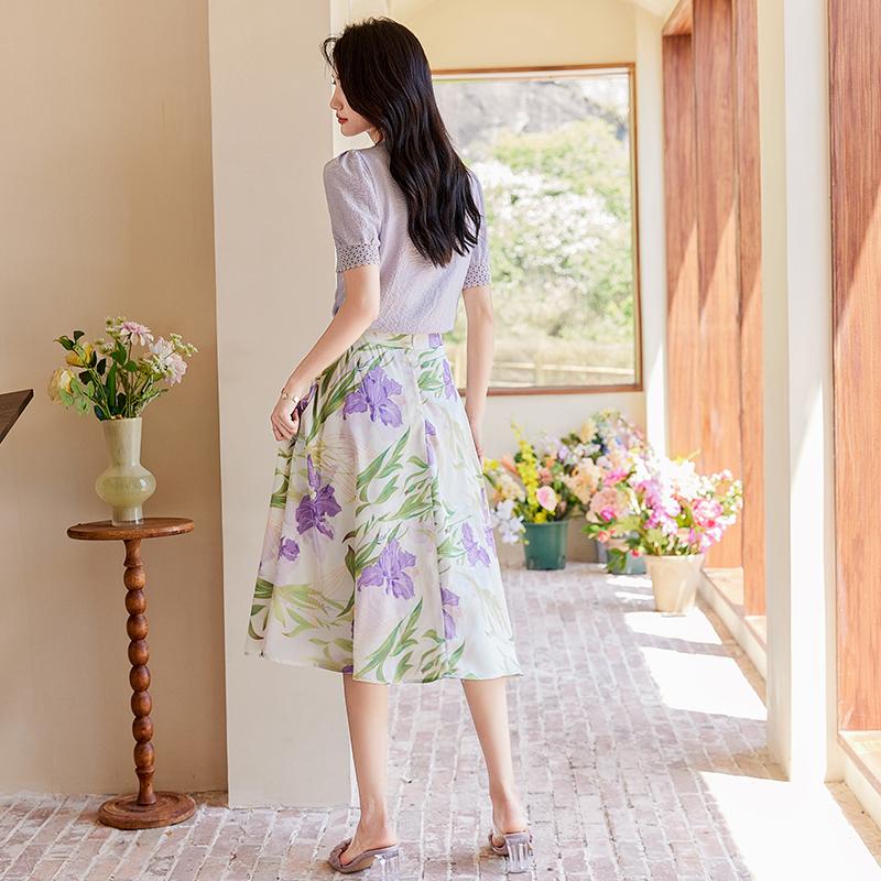 French style fresh and elegant style, purple imitation satin, niche print A-line skirt, slimming half skirt
