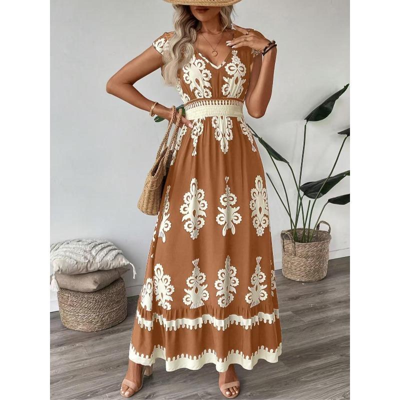 Neues, Sommer-Mode bedrucktes Kragen-Taillen-Langes Kleid Damenbekleidung