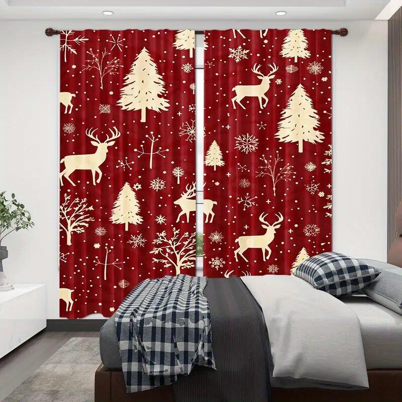 Set med 2 Röda Snöflinga Ren Tallmönster Tryckta Gardiner Juldekoration Hemrum Gardiner Tillverkade av Polyester