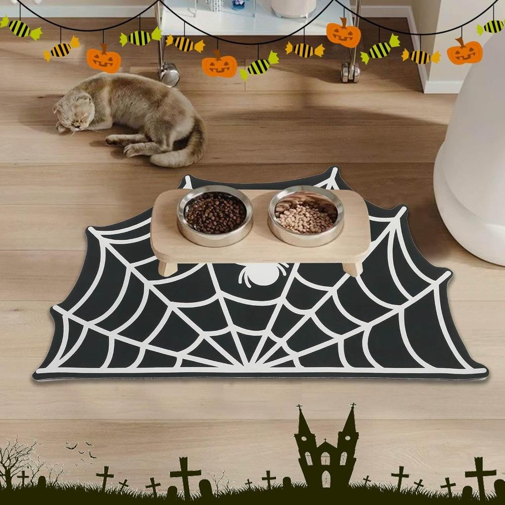 Halloween Pet Mat for Food Water Feeding Mat Spider Web for Dog Cat Bowl Anti-Stain Quick Dry Easy Clean Floor Place Mat Indoor