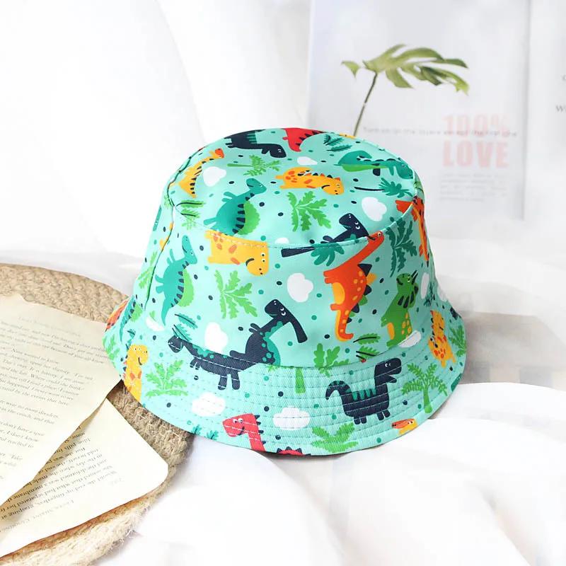 New Spring Summer Children's Cartoon Dinosaur Fisherman Cap Girls Cotton Uv Protection Panama Printing Hats Boys Sun Beach Hat