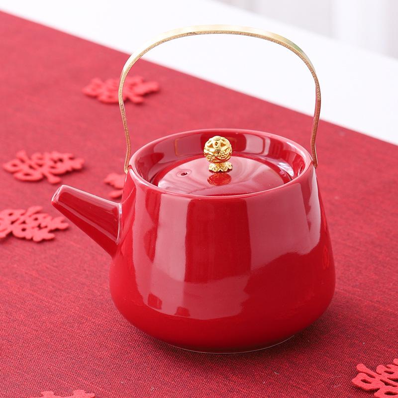 Red Ceramic Wedding Teapot & Water Cup Set - Festive Large-Handled Pot for Banquet and Dowry
