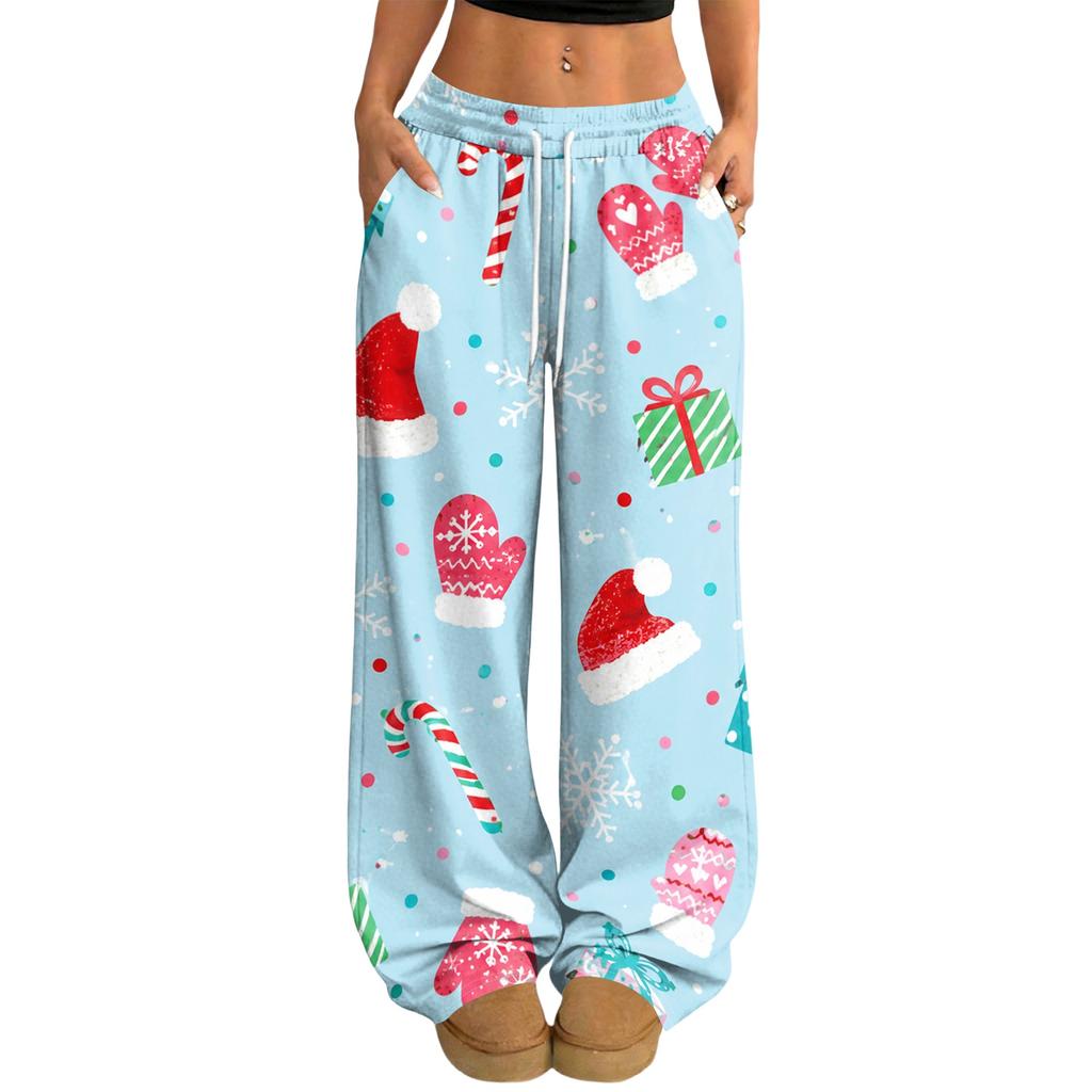 Women's Casual Christmas Print Loose Fit Straight Leg -Lined Pants with Elastic Waist for Winter