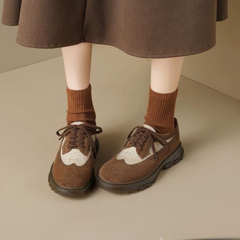 Fashion NEW Spring/Autumn Women Loafers Round Toe Chunky Heel Shoes Cow Suede Leather Shoes Women Lace-up Women Pumps Black Brogue Shoes