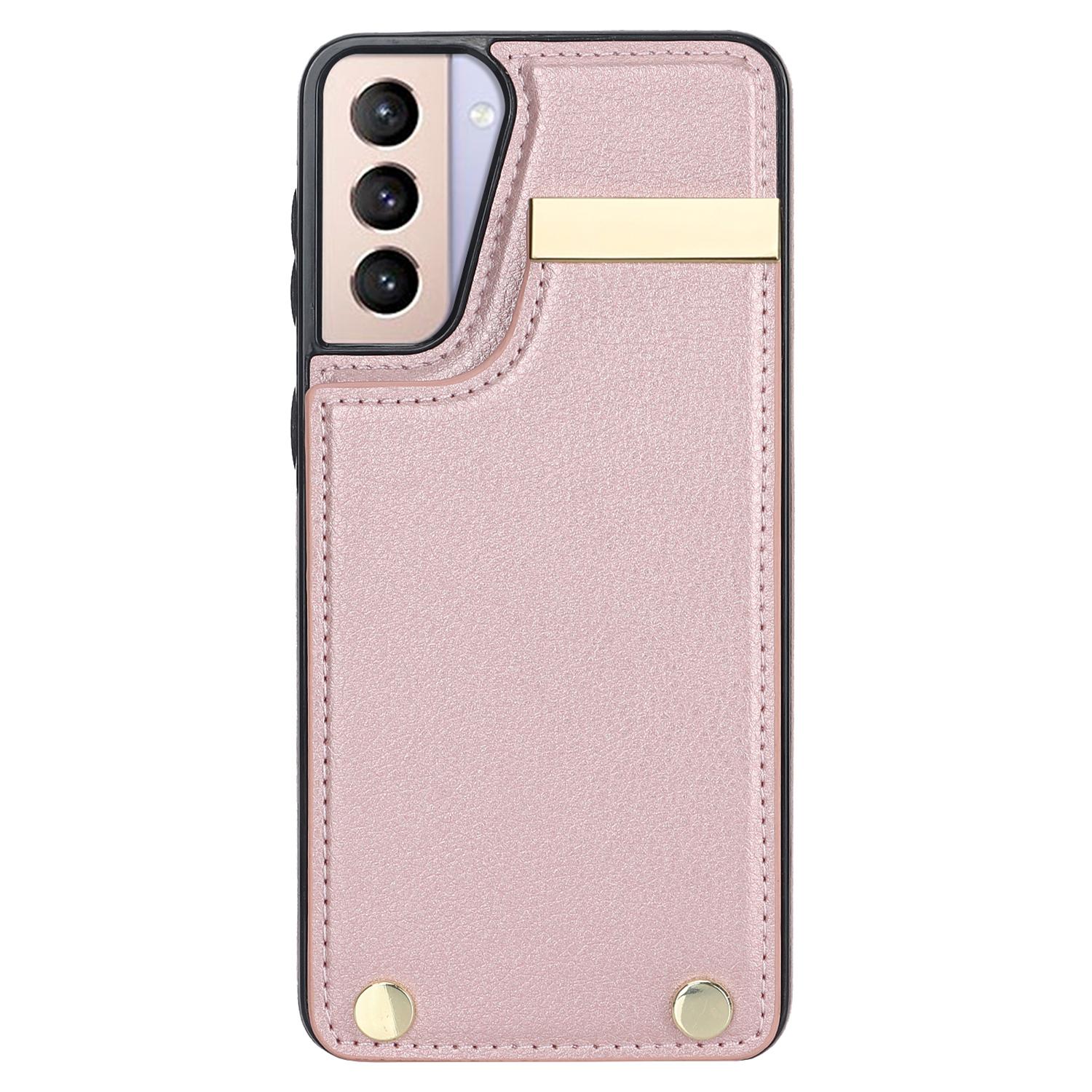 

For Samsung Galaxy S21+ 5G Cover Metal Decor TPU+Leather Card Holder Anti-scratch Cell Phone Case Rose Gold