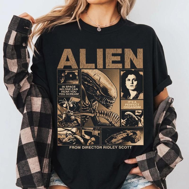 T-shirt with retro motif from the movie about aliens, women's t-shirt in retro horror style, new collection for four seasons,