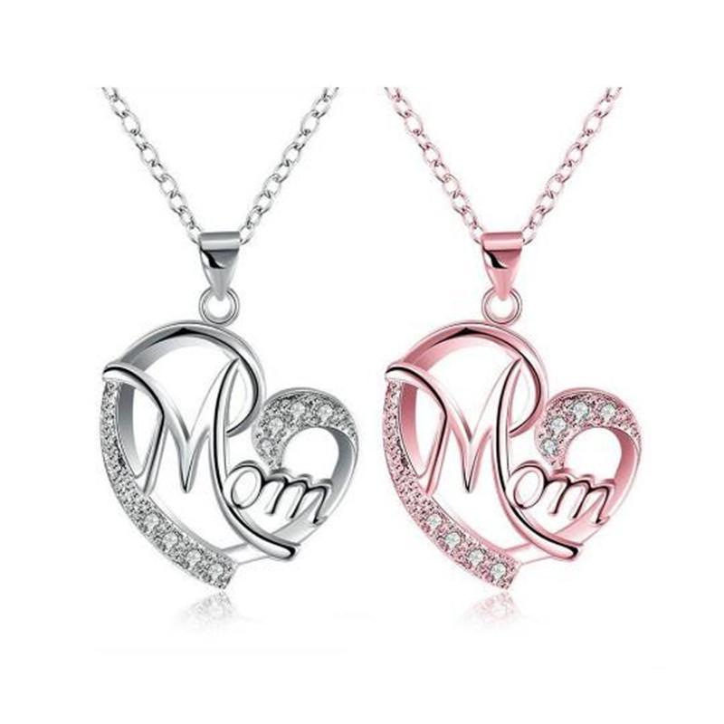 Mom Heart-shaped Pendant Diamond Letter Alloy Rhinestone Women Necklace Jewelry Mother Gift