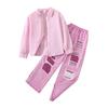 Teenagers Children Set 2025 Autumn New Girls Ripped Jeans Long Sleeve Striped Shirt Pink Hip-Hop Style Two-Piece Set