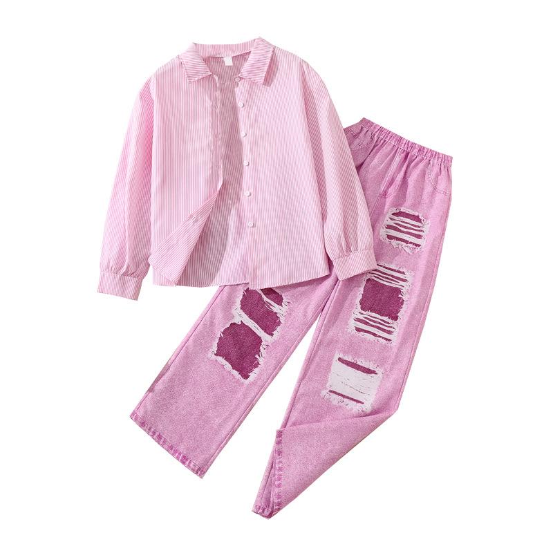 Teenagers Children Set 2025 Autumn New Girls Ripped Jeans Long Sleeve Striped Shirt Pink Hip-Hop Style Two-Piece Set