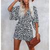 Women Holiday Leopard Print Casual Long Sleeve Depp V Neck Loose Jumpsuit