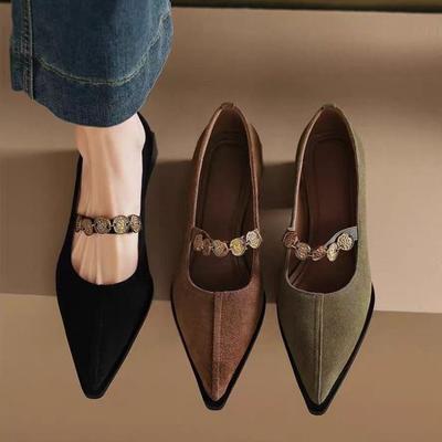Modne Damskie Buty ze Skóry Szorstkiej z Ostrym Noskiem, Płytkie, z Paskiem, na Blokowym Obcasie, Vintage