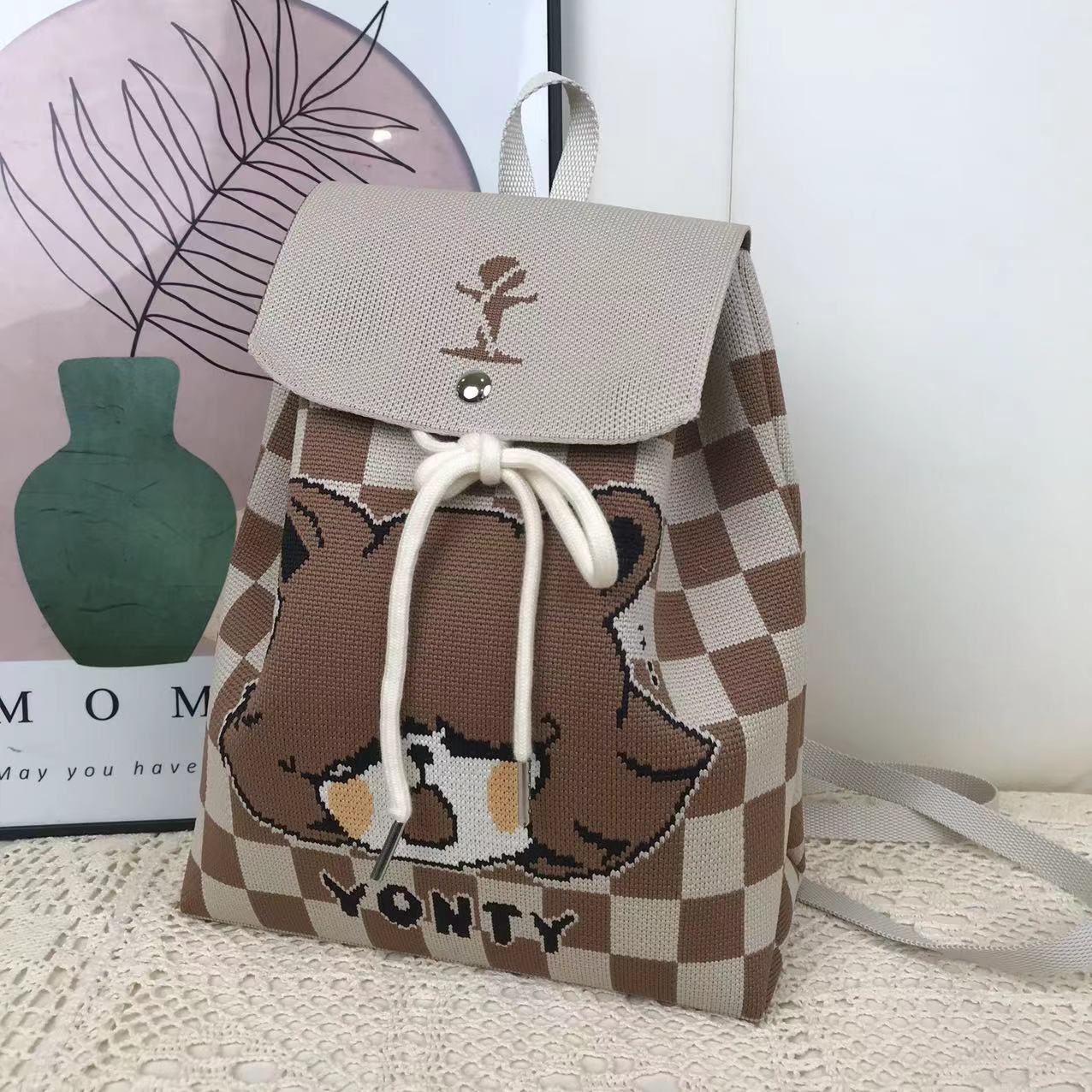 Women Knitted Backpack Vintage Geometric Pattern Mini Backpack Casual Travel Daypack Adjustable Shoulder Bag