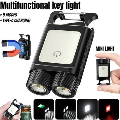 Multifunctional Mini Keychain Flashlight Back Magnet 6 Lighting Modes USB Charging Portable Torch Outdoor Camping Work Lantern