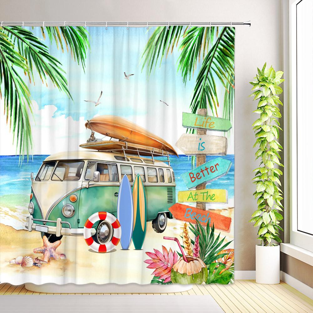Tropical Palm Tree Travel Camping Car Shower Curtains Summer Ocean Surfboard Beach Camper RV Flamingo Bathroom Decor with Hooks