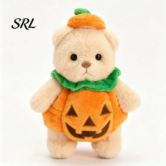 Halloween Theme Room Decor Pumpkin Bear Plush Toy, Soft Stuffed Animal for Kids, Cuddly Gift Birthday Cute Huggable Pillow Fall Holiday Home