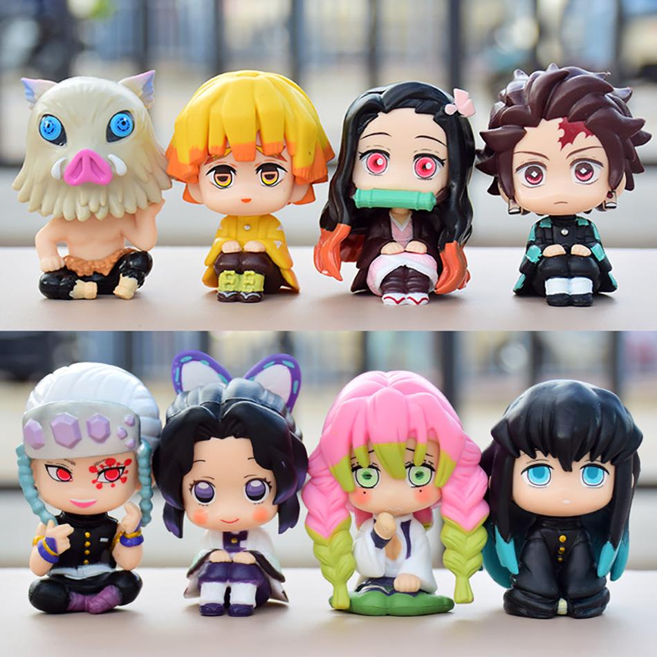 8Pcs/Set Q Version Demon Slayer Sitting Ghost Doll Tanjiro Nidouzi Inosuke Zenizu Toy Figural Pvc Statue Collectible Model Gift