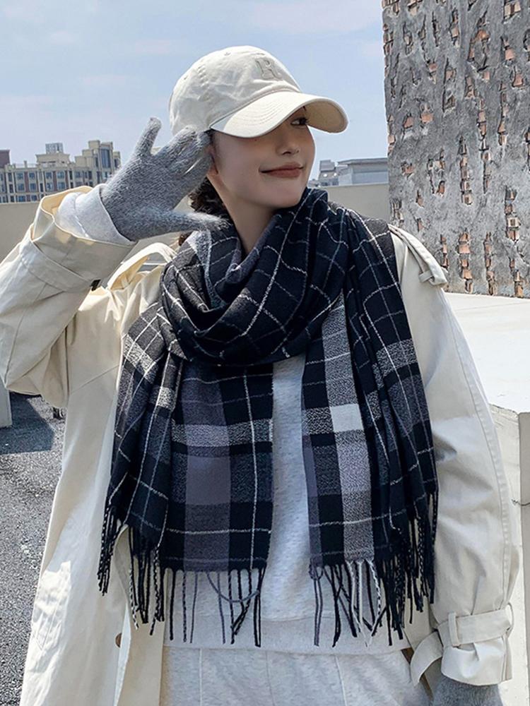 Women Winter Knitted Scarf Headscarf Ladies Men Casual Preppy Plaid Tassel Warm Scarve Mujer Male Foulard Wrap Shawl New Korean