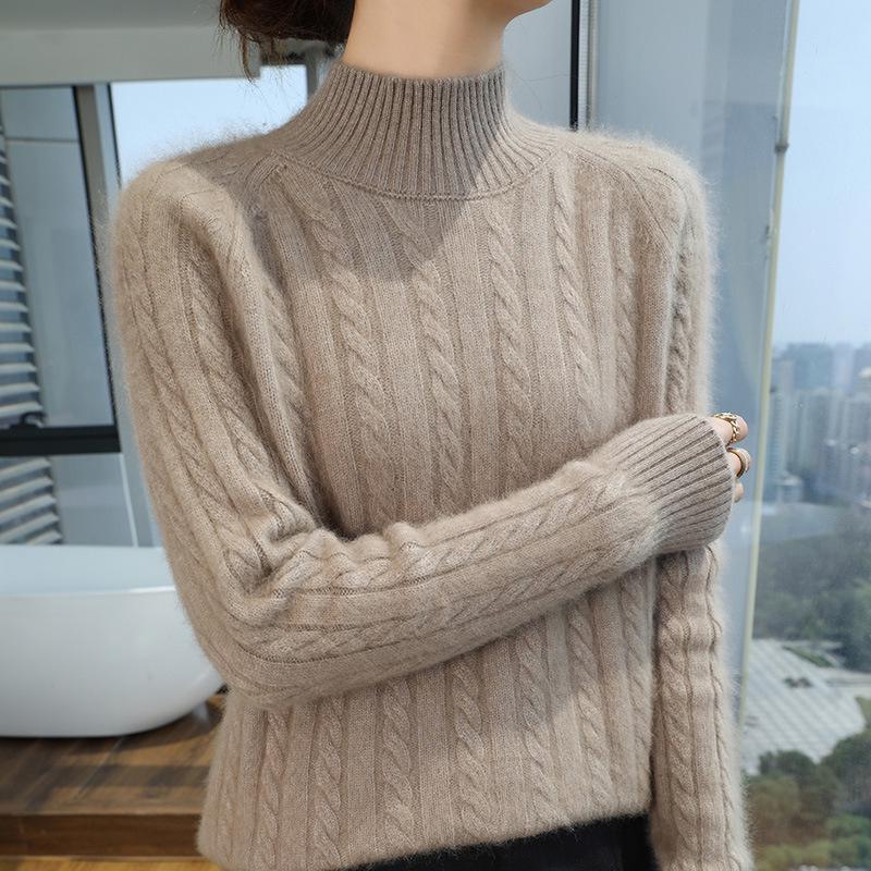 Lekasha Women's Mink Cashmere Knit Pullover - Half-High Neck, Autumn/Winter Loose Fit.