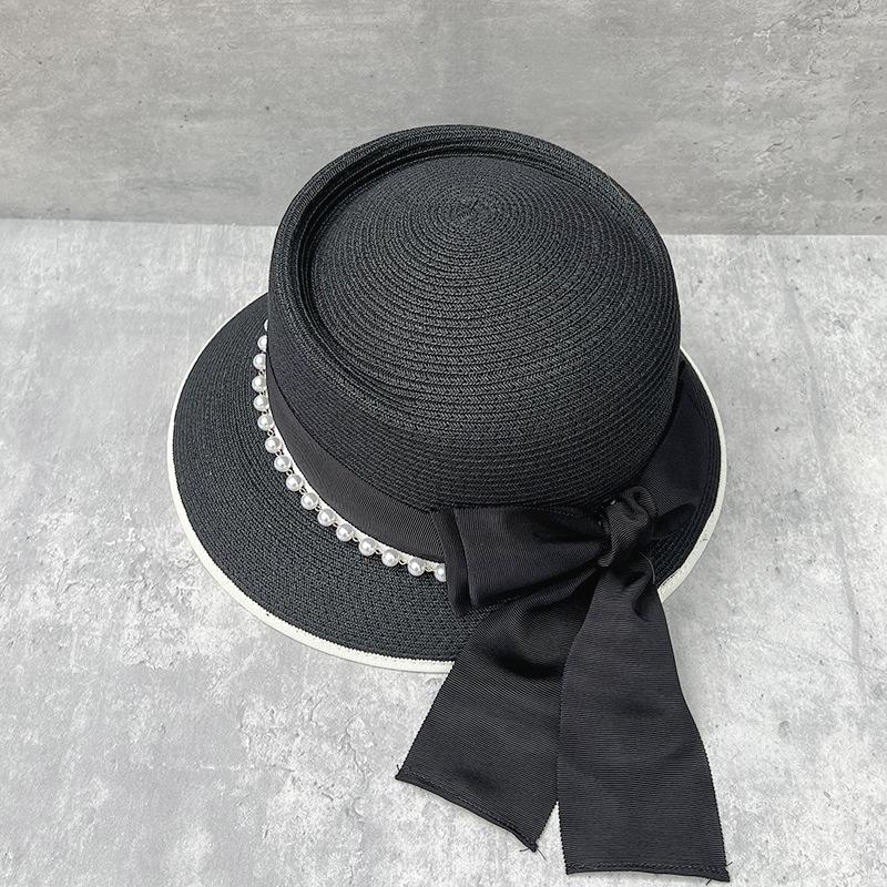 Elegant Delicate Bow Straw Hat Women'S Summer Hepburn Wind Basin Hat Seaside Beach Hat Pearl Chain Bucket Hat