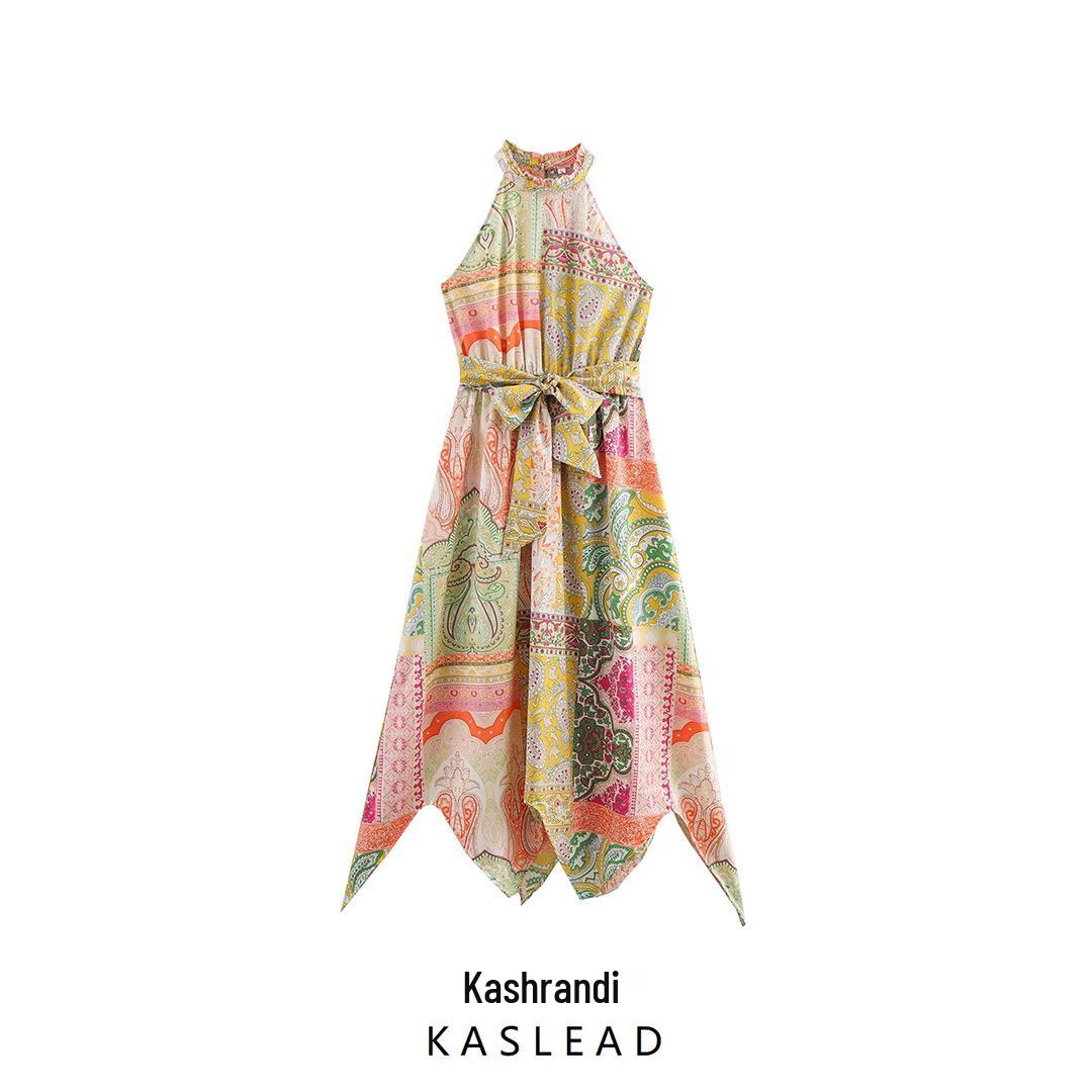 

2025 Spring Women s European & American Style Stand-Up Collar Irregular Waist Long Dress Small квітковий