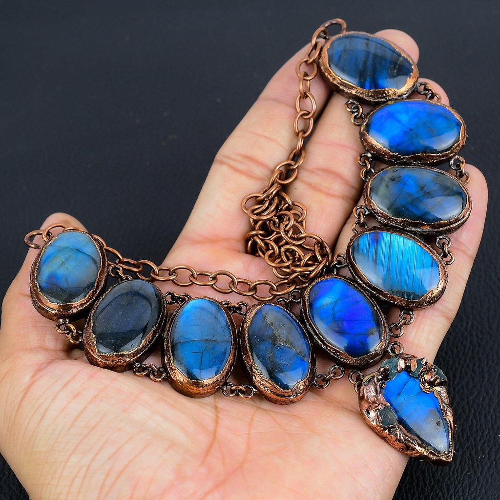 Labradorite Copper Electroformed Necklace with Adjustable Chain, Handmade Gemstone Jewelry Necklace For Memorial Day